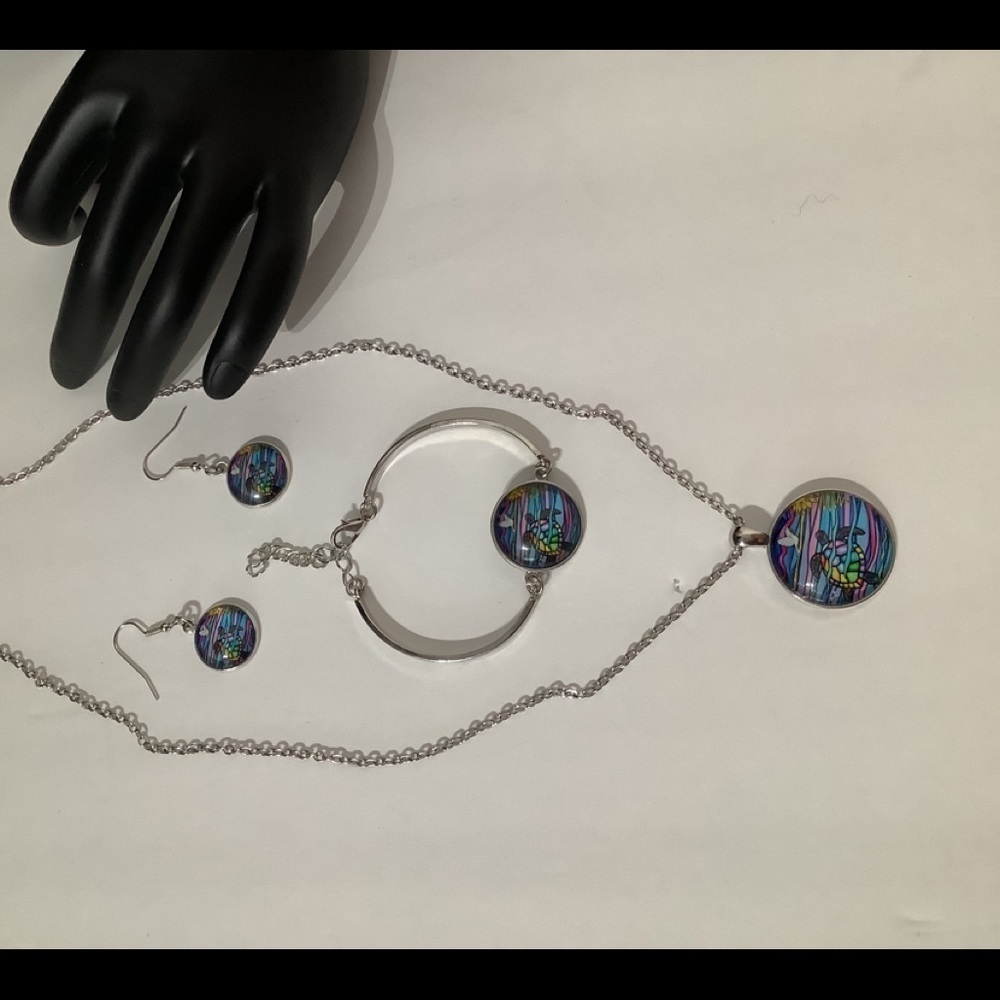 Boutique - 4pcs fashion cabochon Set TURTLE 🐢 bracelet earrings necklace - Picture 2 of 5
